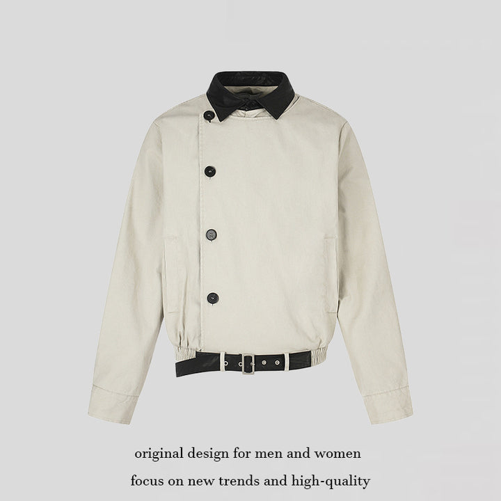 Herren Asymmetrische Canvas-Bomberjacke mit Lederriemen und Stehkragen Drune