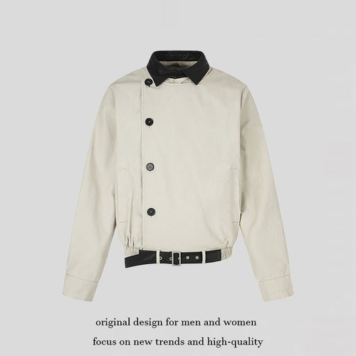Herren Asymmetrische Canvas-Bomberjacke mit Lederriemen und Stehkragen Drune