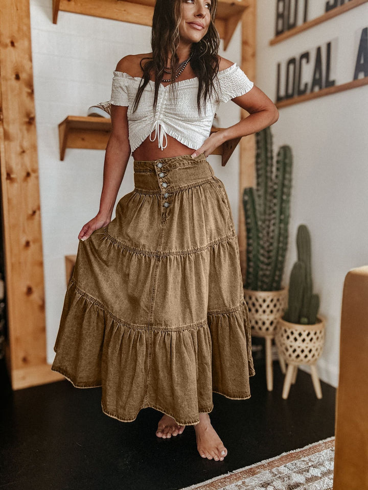 Damen Baumwollrock mit voluminösem Stufen-Design und modischem Knopfdetail Drune