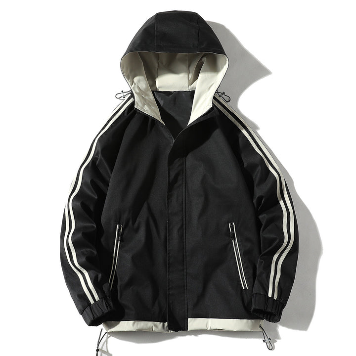 Herren Sportliche Outdoor‑Shelljacke mit Kapuze, reflektierenden Ärmestreifen und Reißverschlusstaschen Drune