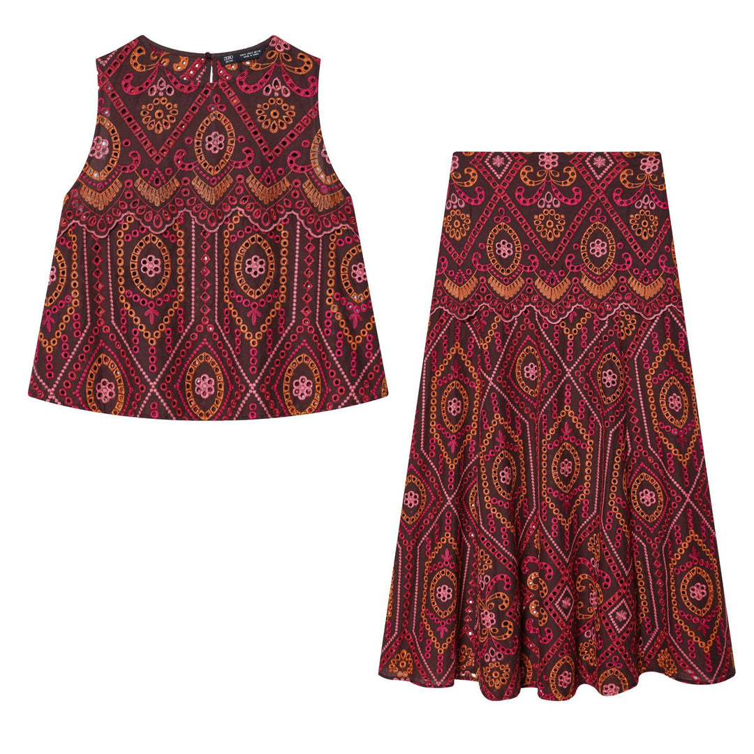 Damen nan bestickter A-Linien Midirock mit Lochstickerei, Stufenvolant und welligem Saum Drune