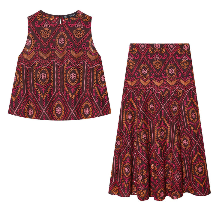 Damen nan bestickter A-Linien Midirock mit Lochstickerei, Stufenvolant und welligem Saum Drune