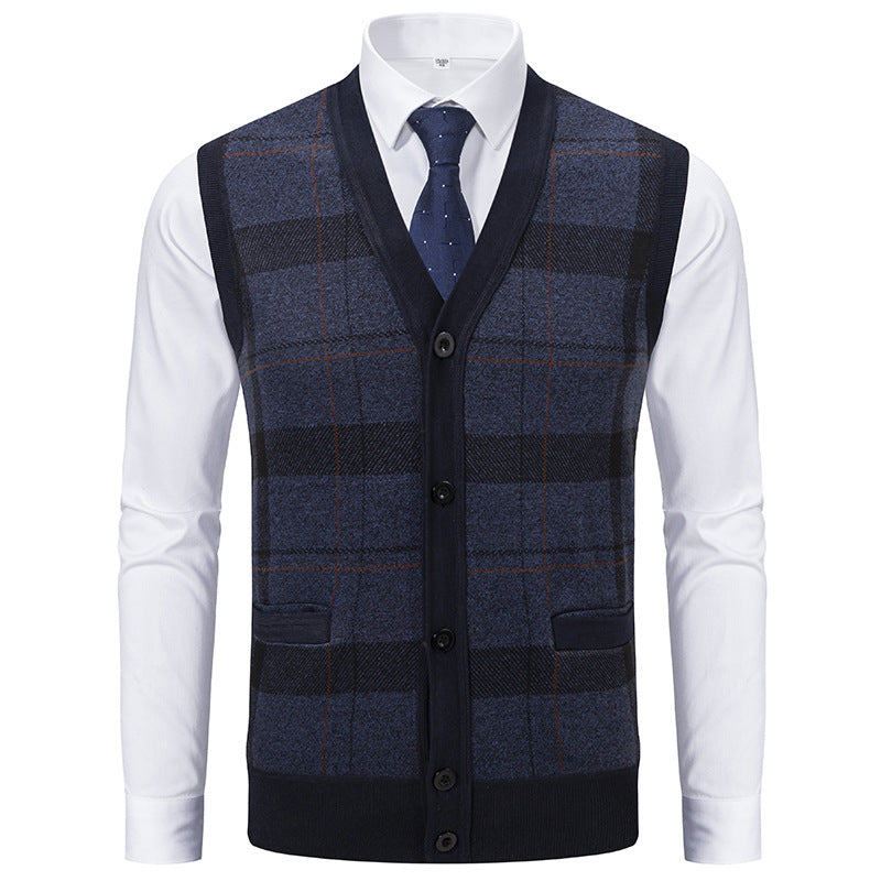 Herren Ärmellose Strickweste mit Rauten‑Muster, V‑Ausschnitt und Knopfleiste Drune