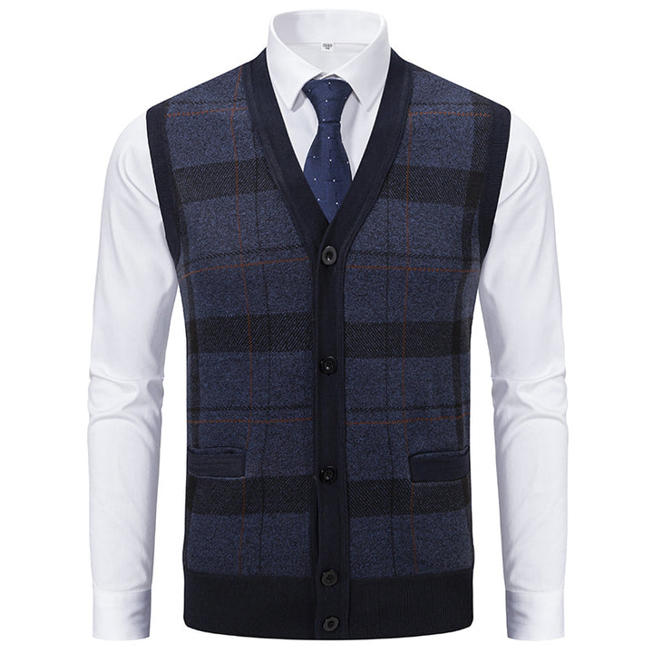 Herren Ärmellose Strickweste mit Rauten‑Muster, V‑Ausschnitt und Knopfleiste Drune