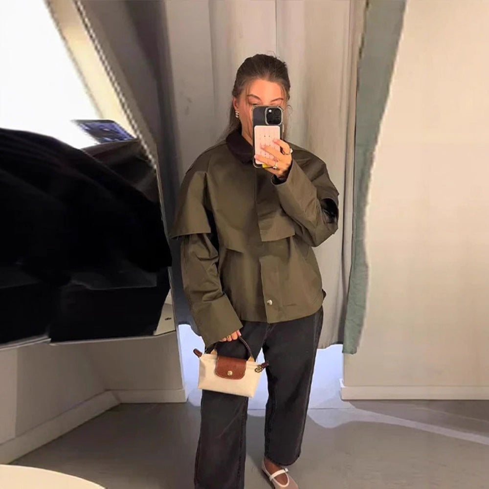 Damen Kurztrenchjacke mit Cape-Overlay und Oversize-Ärmeln Drune