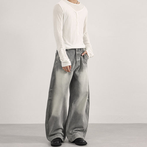 Herren Bodenlange Oversized-Denim-Palazzohose mit verwaschener Fade-Optik und tiefem Schritt Drune