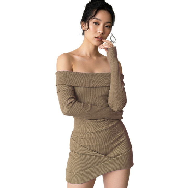Damen figurbetontes Off-Shoulder Kleid aus Rippstrick Drune