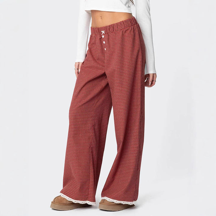 Damen Weit geschnittene Karohose mit Spitzendetails Drune