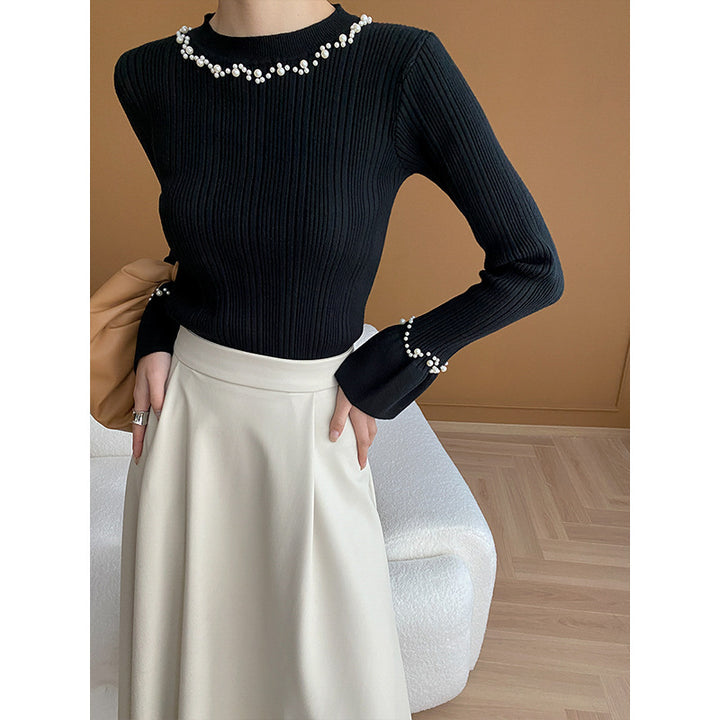 Damen Langarm Pullover mit Perlenschmuck Drune
