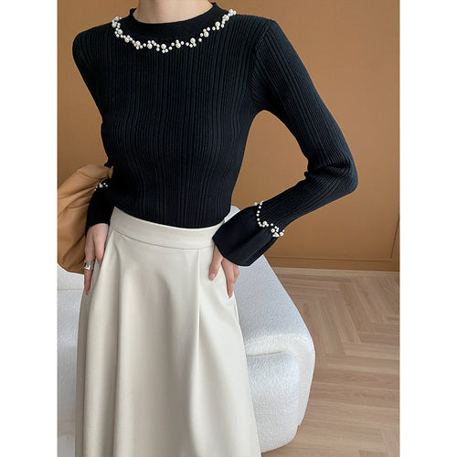 Damen Langarm Pullover mit Perlenschmuck Drune