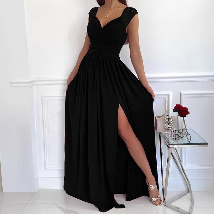Damen elegantes Maxikleid mit Spitzenärmeln und seitlichem Schlitz Drune