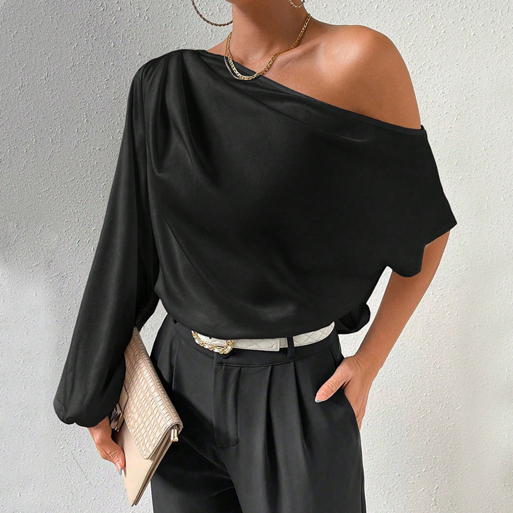 Damen asymmetrisches Top mit eleganten Puffärmeln Drune