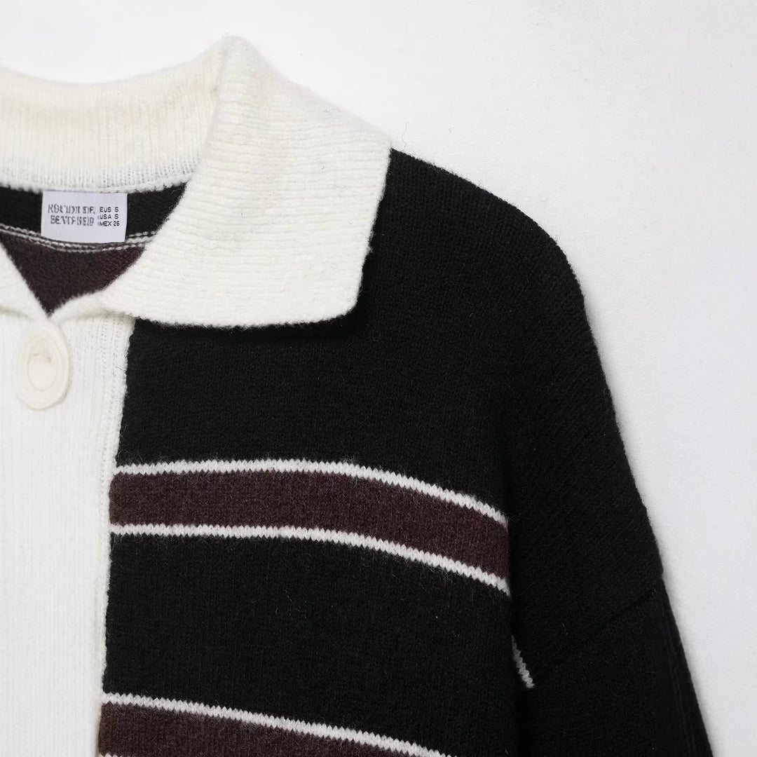 Damen Gestreifter Polokragen-Pullover aus weichem Strukturstrick mit Knopfleiste Drune