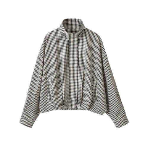 Damen Oversize Kurzblouson im Karo-Design mit hohem Stehkragen und Tunnelzugsaum Drune