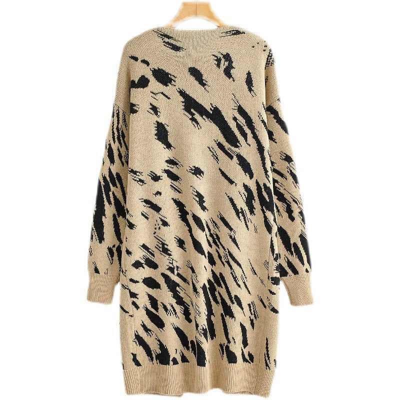 Damen Grobstrick-Cardigan mit modischem Leopardenmuster und praktischen Taschen Drune