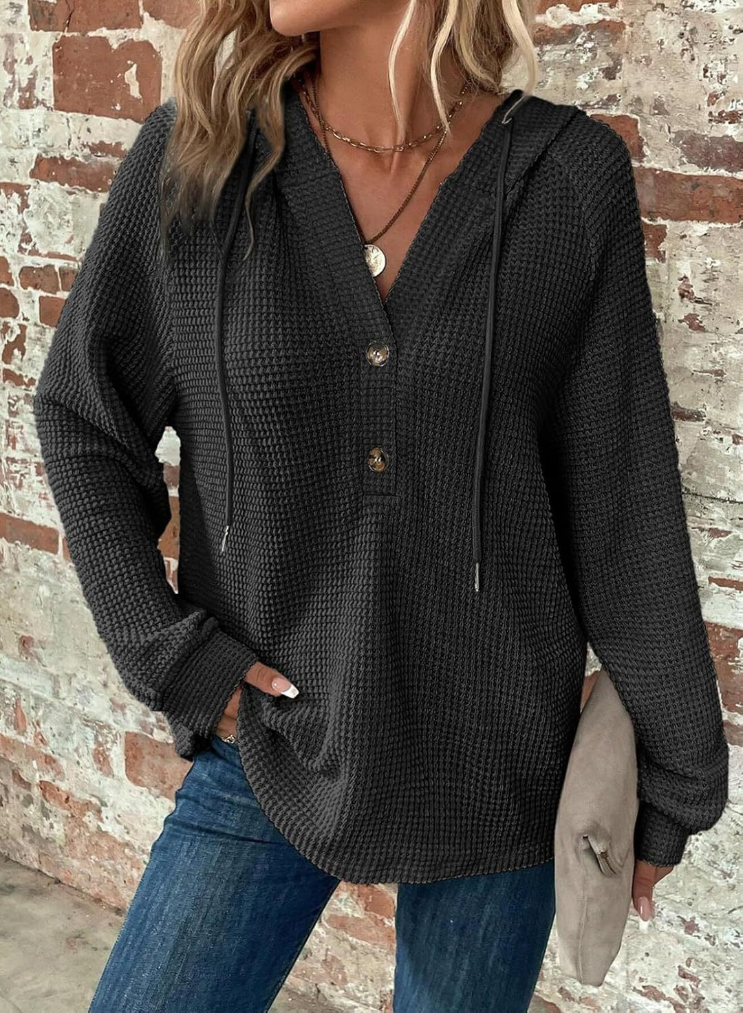 Damen gemütlicher Strickpullover mit Kapuze und Knopfleiste Drune