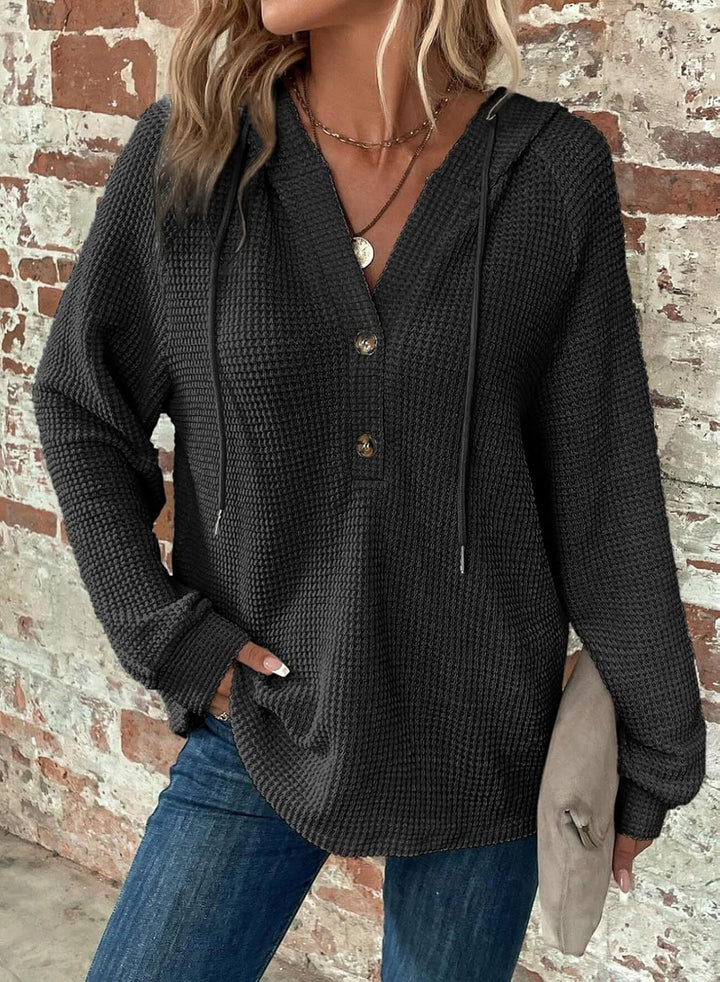 Damen gemütlicher Strickpullover mit Kapuze und Knopfleiste Drune