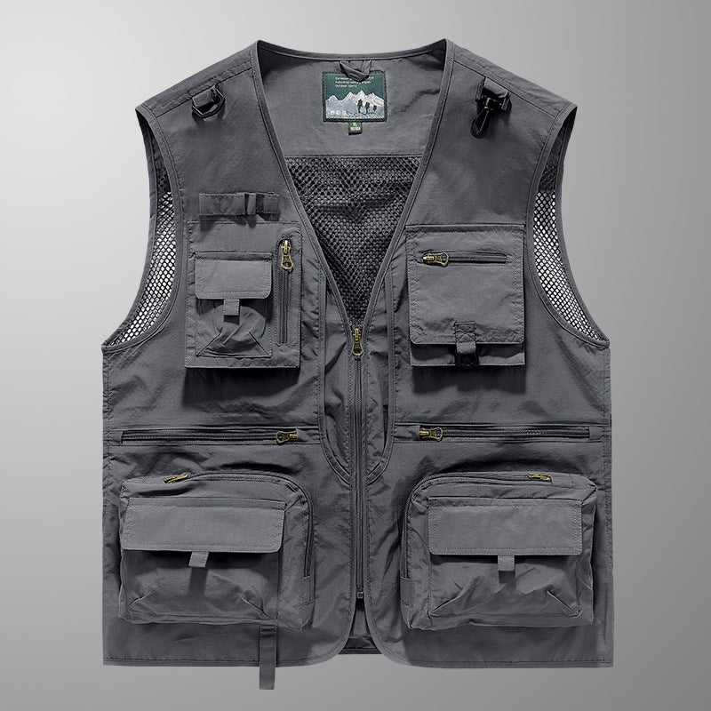 Herren multifunktionale Angler-Utility-Weste mit Mesh-Einsätzen, D‑Ringen und zahlreichen Reißverschluss- und Klappfächern Drune