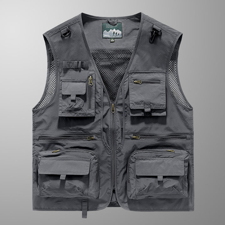Herren multifunktionale Angler-Utility-Weste mit Mesh-Einsätzen, D‑Ringen und zahlreichen Reißverschluss- und Klappfächern Drune