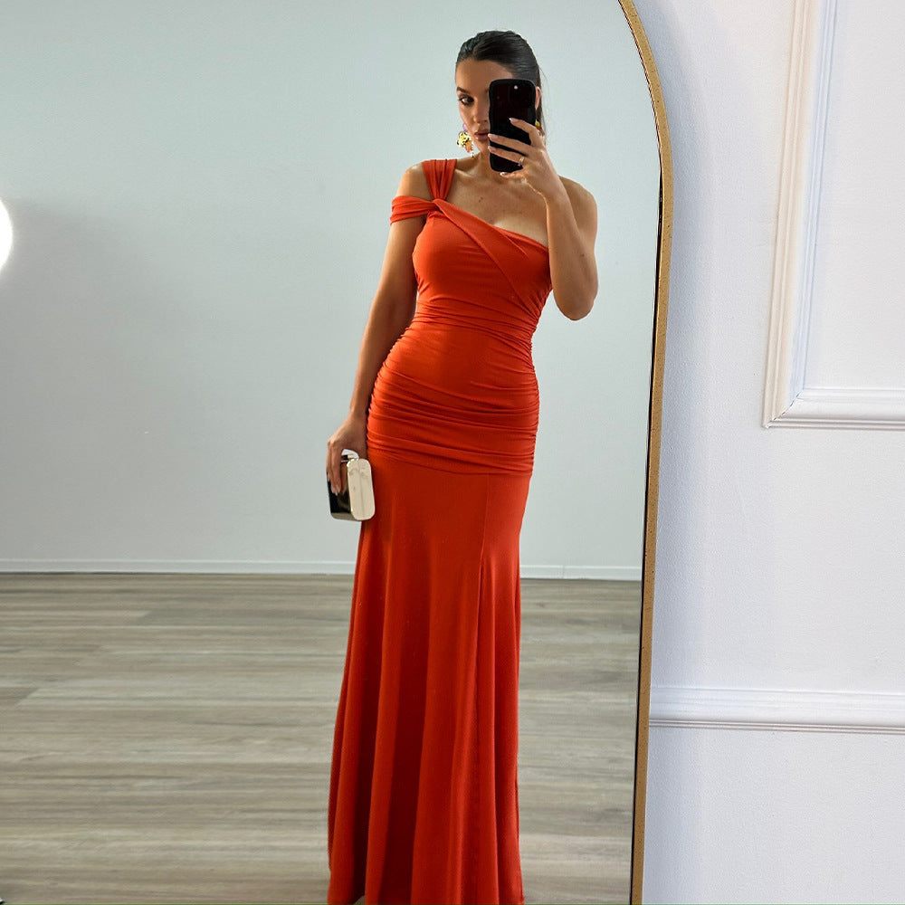 Damen elegantes, tailliertes Abendkleid mit asymmetrischem Träger Drune
