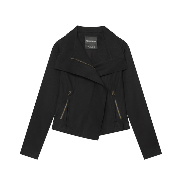 Damen nan asymmetrische Kurzjacke mit überlappendem Wasserfallkragen, verdecktem Reißverschluss und dekorativen Zipper-Taschen Drune