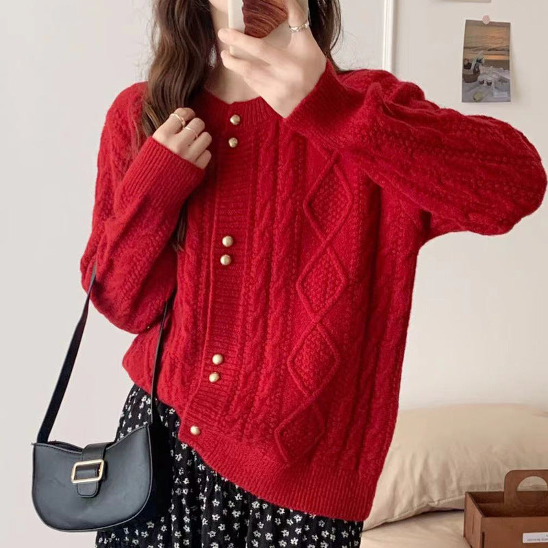 Damen Gemütlicher Strickjacke mit Perlknöpfen Drune