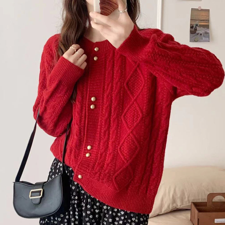 Damen Gemütlicher Strickjacke mit Perlknöpfen Drune