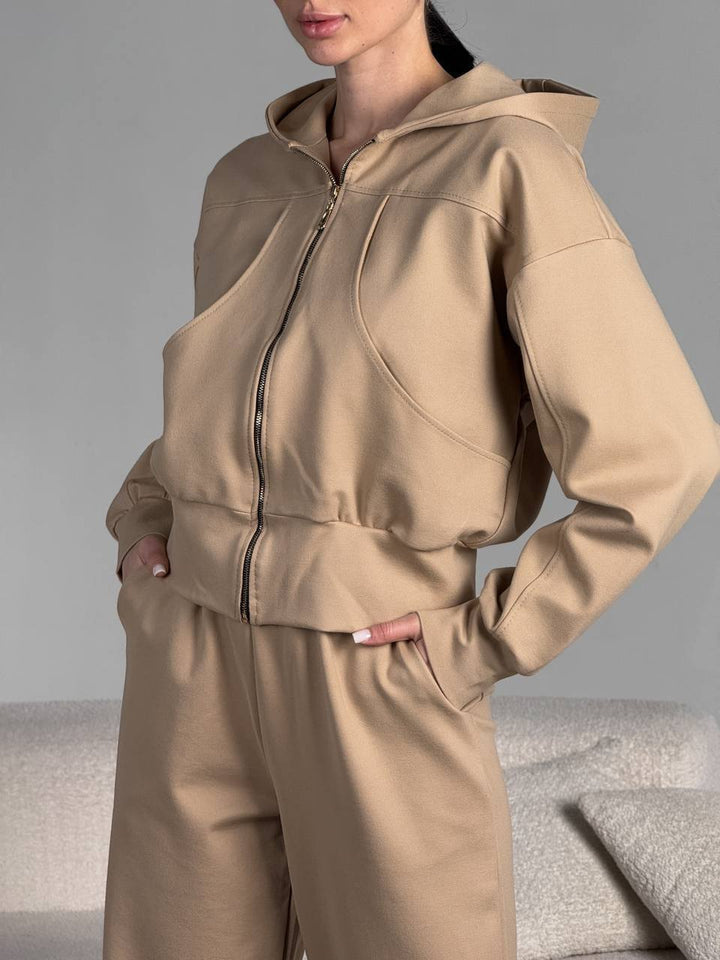 Damen kurz geschnittene Reißverschluss-Kapuzenjacke mit überschnittener Schulter, tiefen Eingrifftaschen und elastischem Bund Drune