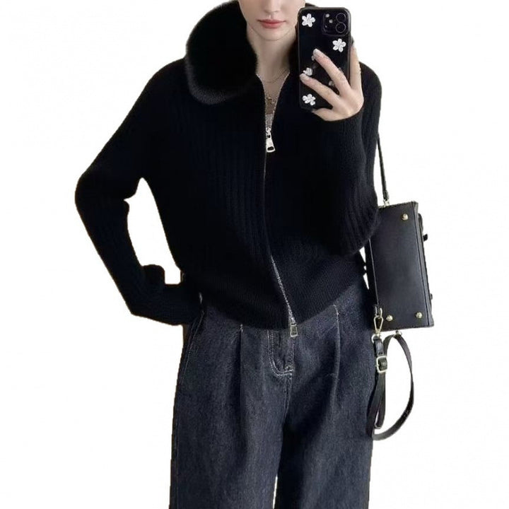 Damen Strickjacke mit hochwertigem Kunstfellkragen und eleganter Rippstruktur Drune