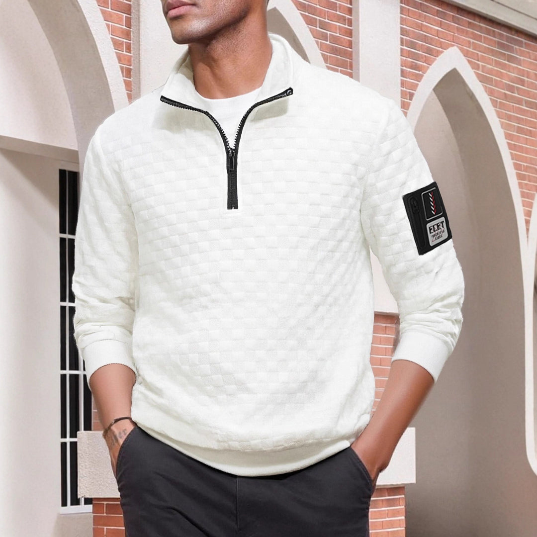 Herren strukturierter Stehkragen-Halbzip-Pullover mit Karosteppung, elastischen Bündchen und Ärmel-Patch Drune