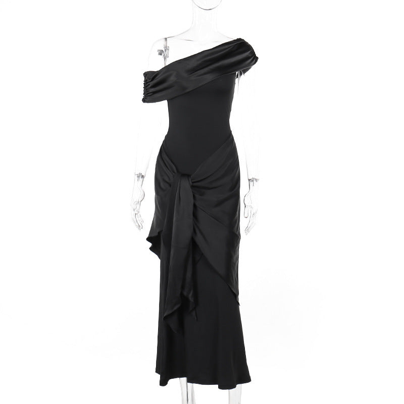 Damen Langarm Maxikleid mit asymmetrischem Schnitt und dekorativen Drapierungen Drune
