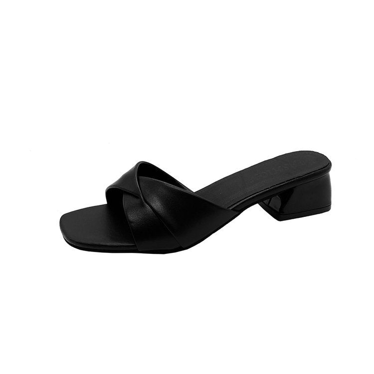 Damen elegante Mules mit gekreuzten Riemen und Blockabsatz Drune