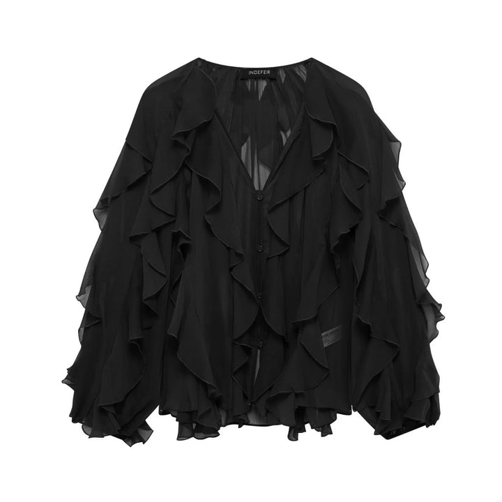 Damen nan feminine Chiffon-Volantbluse mit Ballonärmeln und V-Ausschnitt Drune