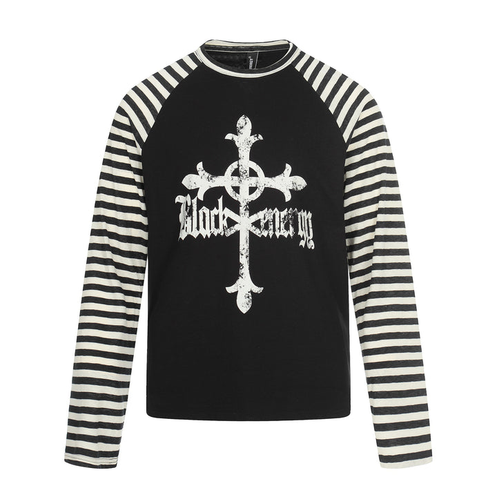 Herren Langarm-Raglanshirt mit Streifenärmeln und Vintage-Print Drune