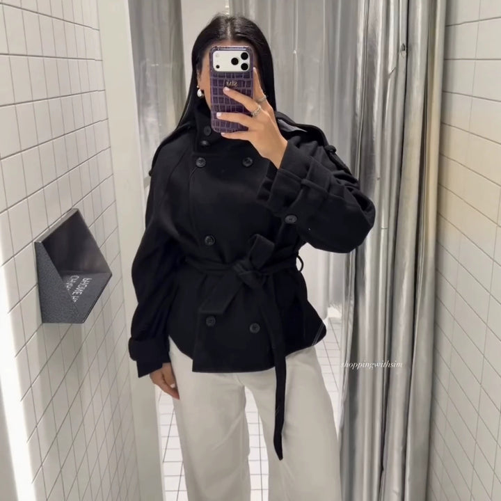 Damen Kurzblouson‑Trenchcoat aus Wollmix mit hohem Stehkragen und Bindegürtel Drune