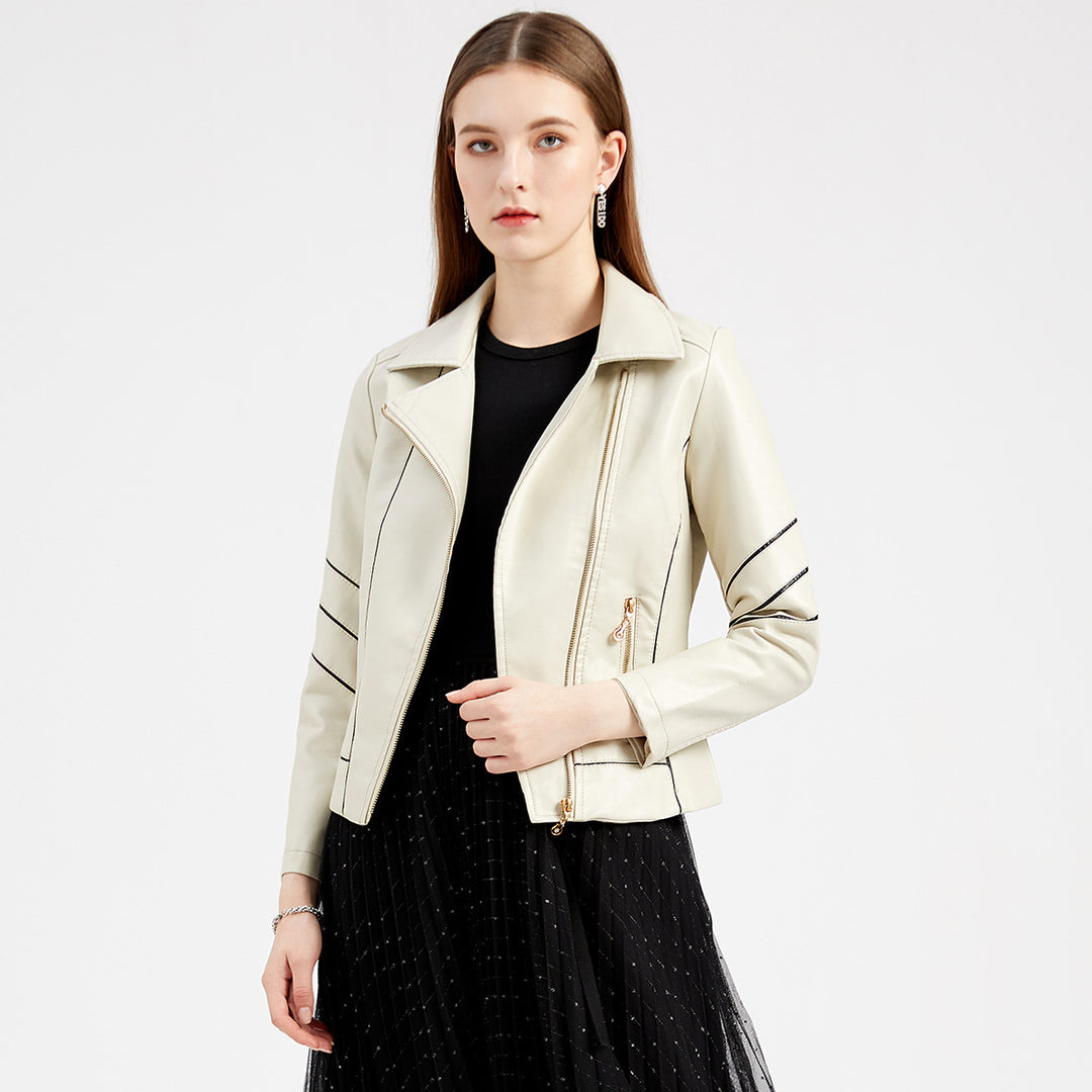Damen nan taillierte Kunstleder-Bikerjacke mit asymmetrischem Reißverschluss und Ziernähten Drune