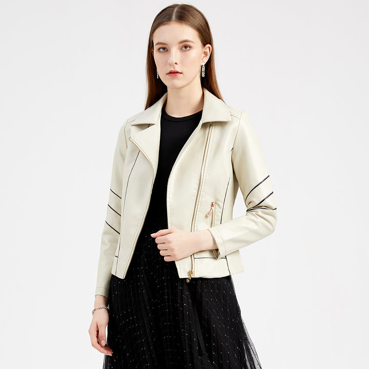 Damen nan taillierte Kunstleder-Bikerjacke mit asymmetrischem Reißverschluss und Ziernähten Drune