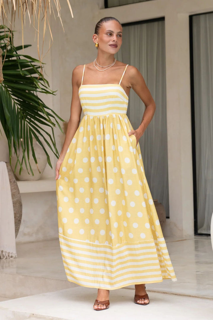 Damen Maxikleid mit gerafftem Oberteil und verspieltem Punkt- und Streifenmuster Drune