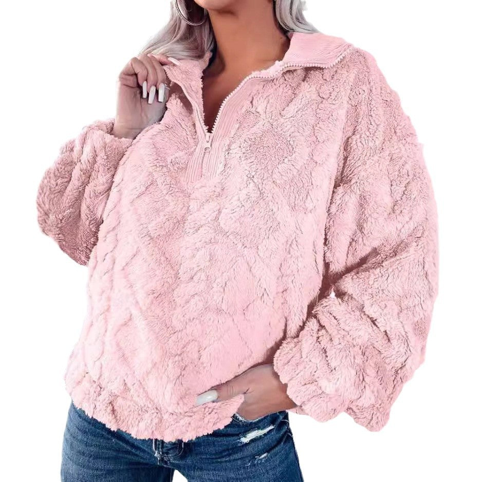 Damen Kuscheliger Fleece-Pullover mit halbem Reißverschluss und Volumenärmeln Drune