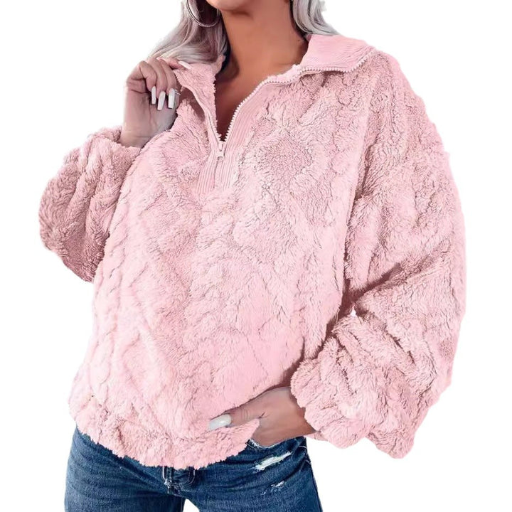 Damen Kuscheliger Fleece-Pullover mit halbem Reißverschluss und Volumenärmeln Drune