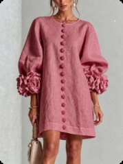 Damen Kurz geschnittenes Leinenkleid mit 3D‑Blütenärmeln und mittiger Knopfleiste Drune
