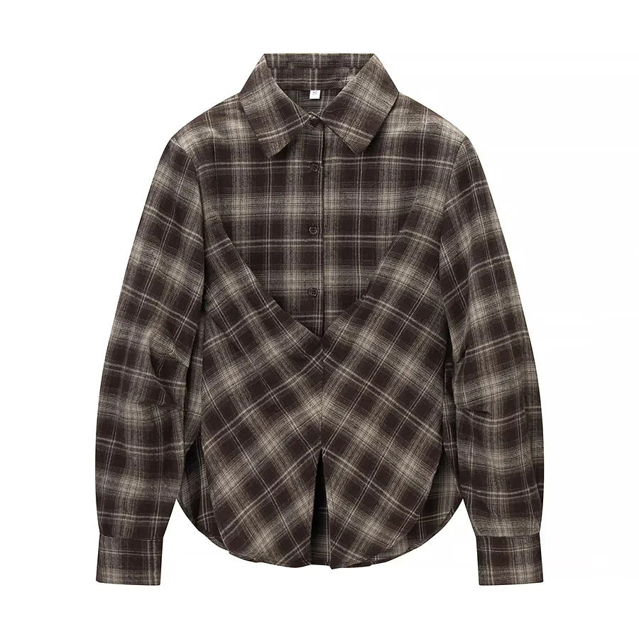 Damen nan überlappende Karo-Bluse mit V-Front, gekreuztem Saum und Manschetten Drune