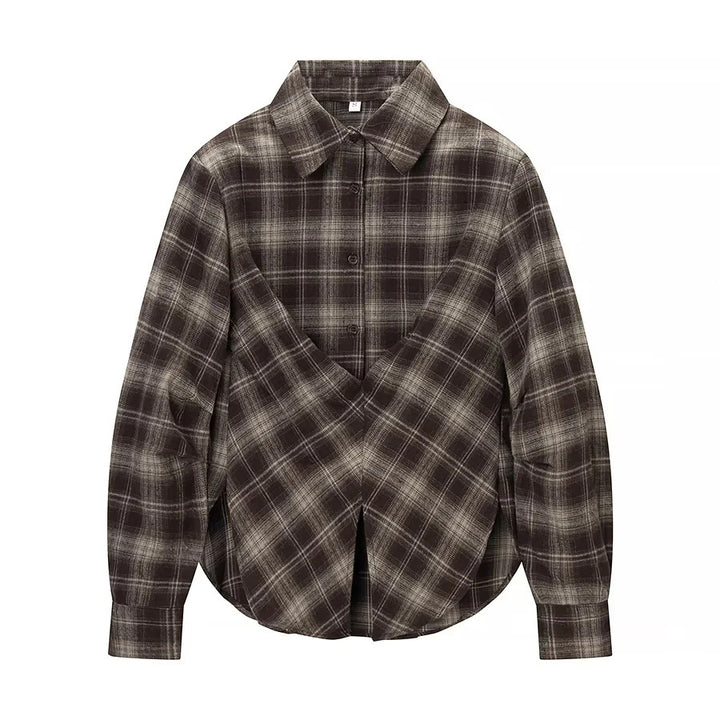 Damen nan überlappende Karo-Bluse mit V-Front, gekreuztem Saum und Manschetten Drune