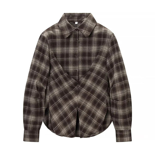 Damen nan überlappende Karo-Bluse mit V-Front, gekreuztem Saum und Manschetten Drune