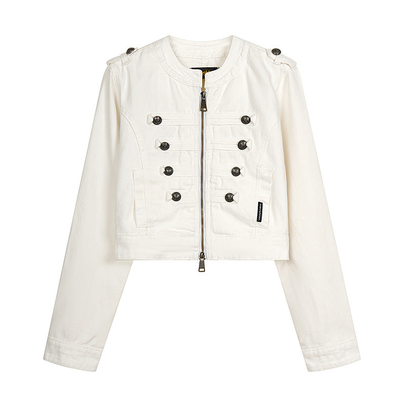 Damen Cropped-Denimjacke im Military‑Stil mit Zierknopfleisten Drune
