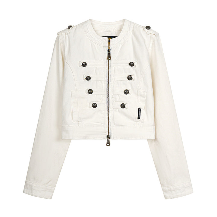Damen Cropped-Denimjacke im Military‑Stil mit Zierknopfleisten Drune