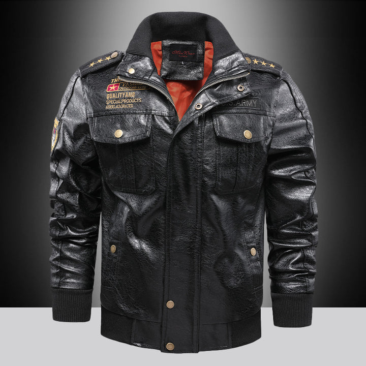 Herren Military‑inspirierte Lederimitat‑Fliegerjacke mit Schulterepauletten und Pattentaschen Drune