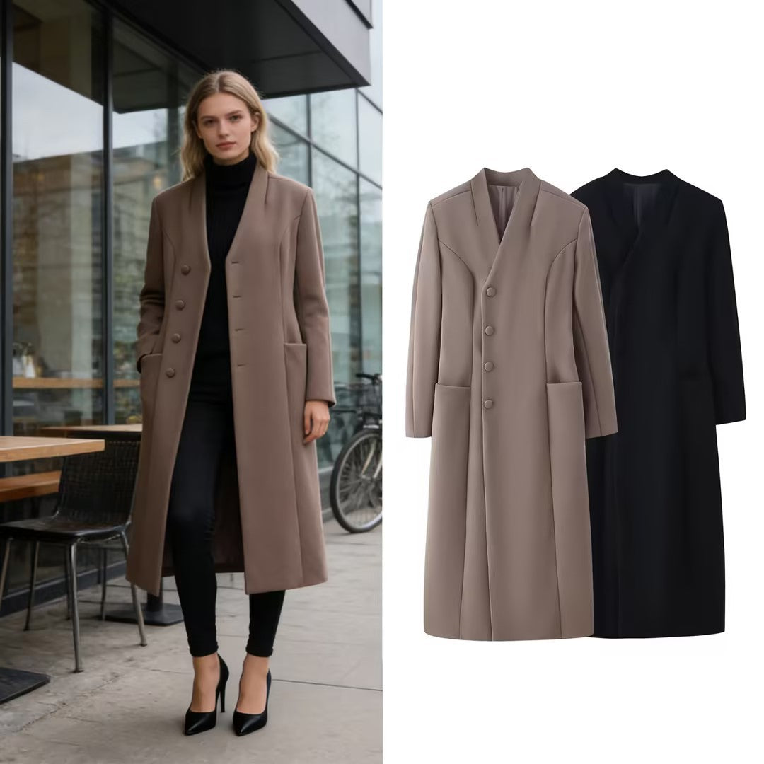 Damen Eleganter Wolloptik-Maximantel mit verdeckter Knopfleiste und aufgesetzten Taschen Drune