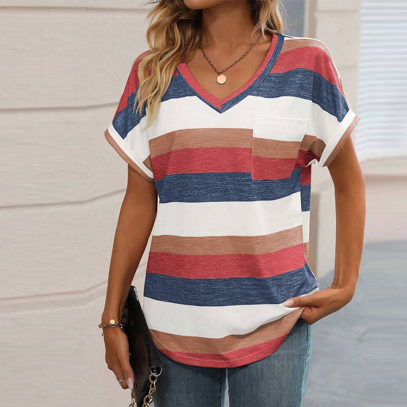 Damen V-Ausschnitt Kurzarmshirt mit Streifenmuster Drune