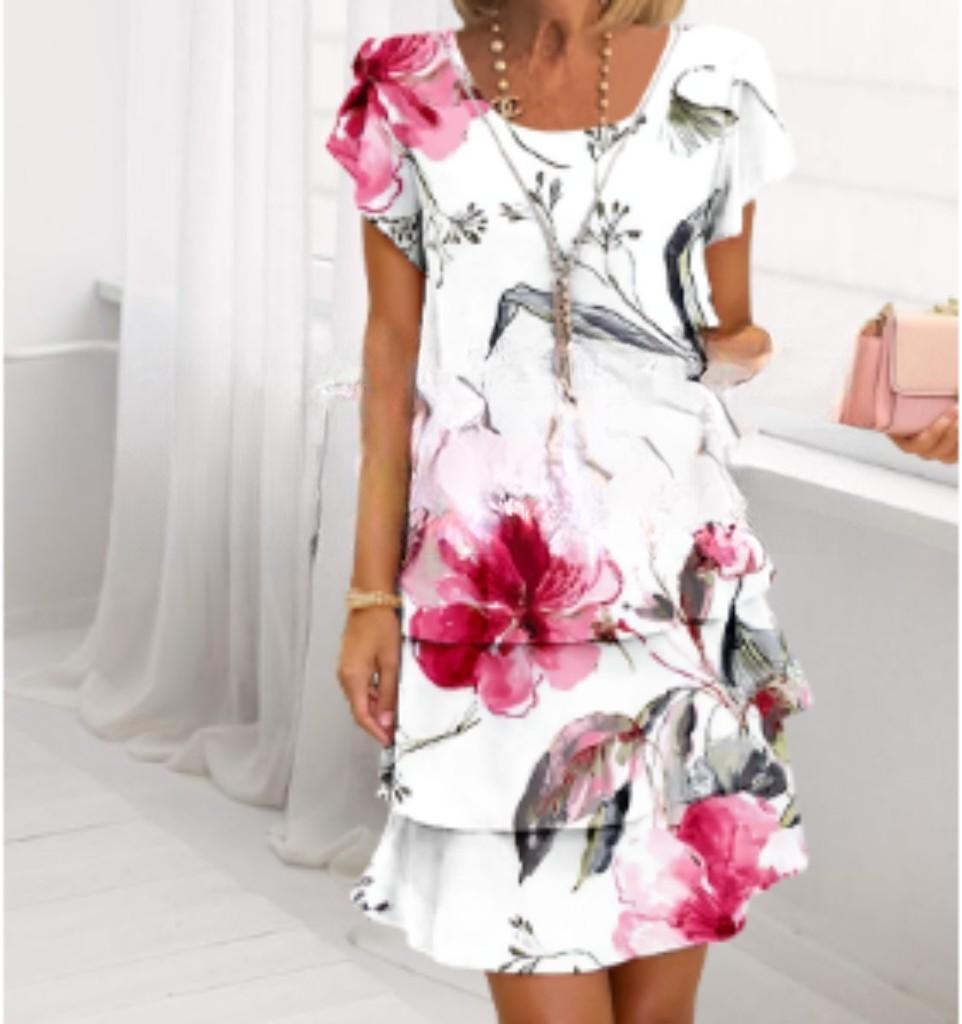 Damen Fließendes Maxi-Kleid mit eleganten Volant-Details und kreativem Grafikmuster Drune